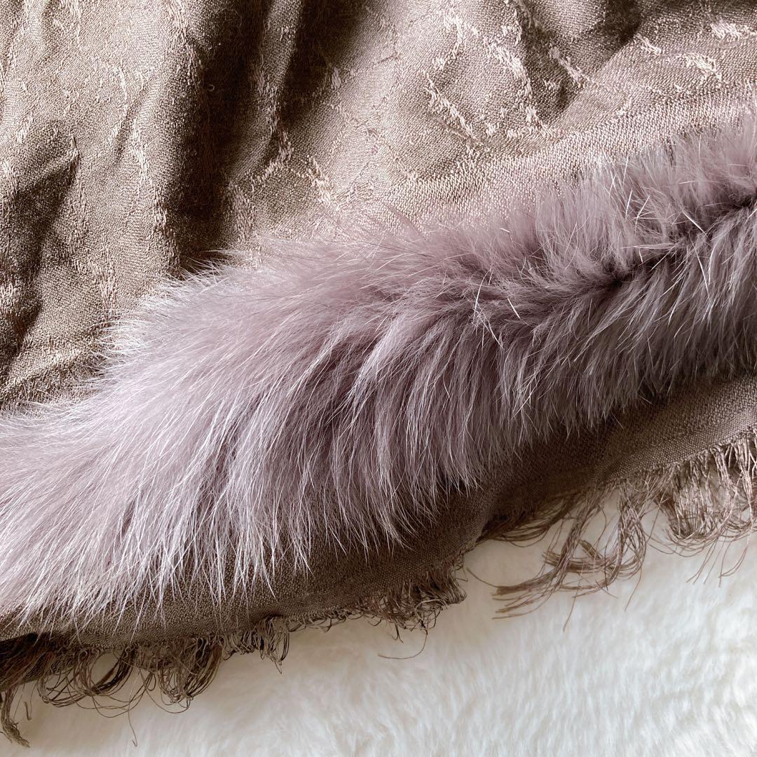 GUCCI グッチ シルク フォックス ファー付ストール 大判 GG柄