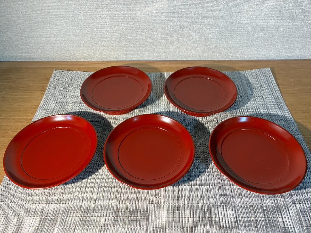 084越前塗 光琳堂 椿皿 5枚セット 古代朱/高台皿/銘々皿/本漆塗