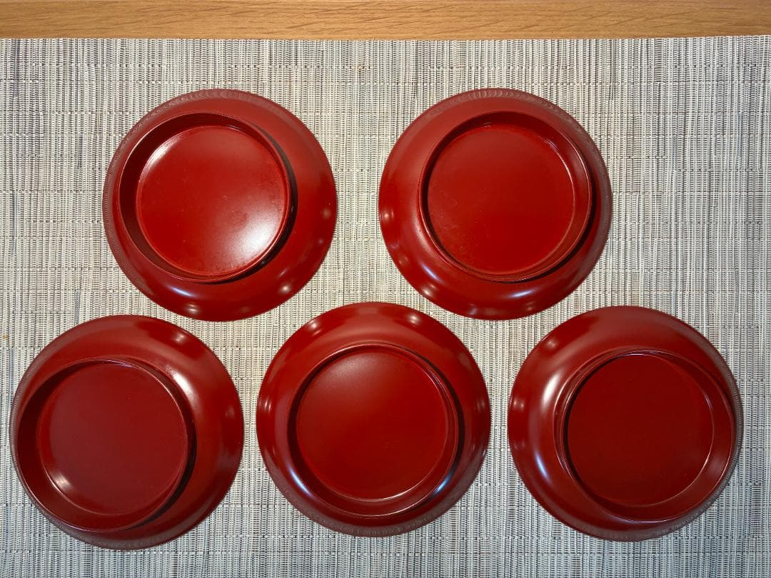 084越前塗 光琳堂 椿皿 5枚セット 古代朱/高台皿/銘々皿/本漆塗