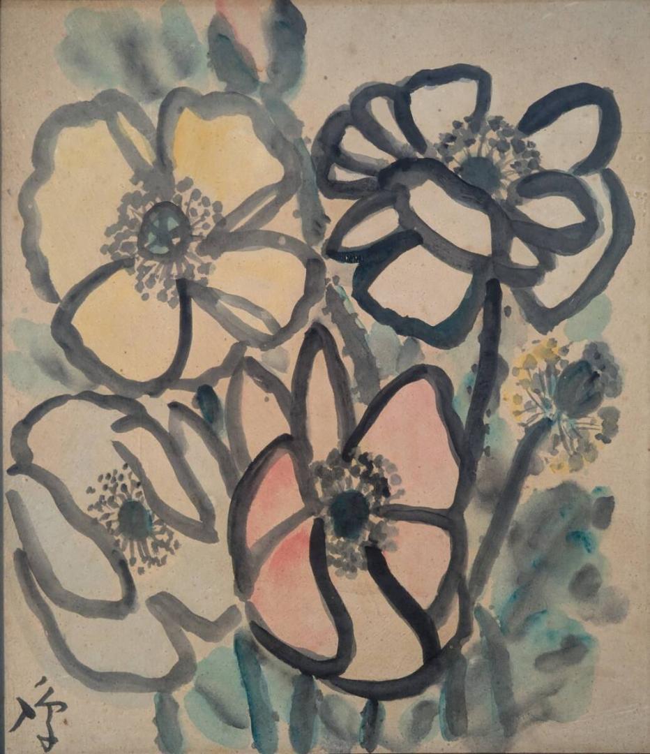真作】絵画 鳰川誠一 水彩（色紙） 柔らかな色彩で描かれた花々の調べ