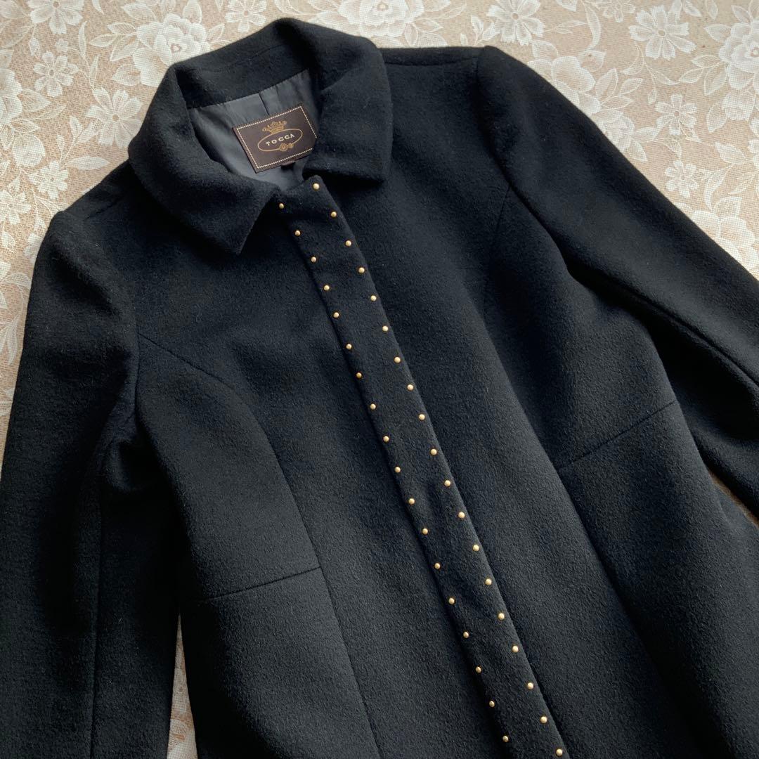 美品　TOCCA トッカ　ウール　スタッズ装飾　ステンカラーロングコート0黒