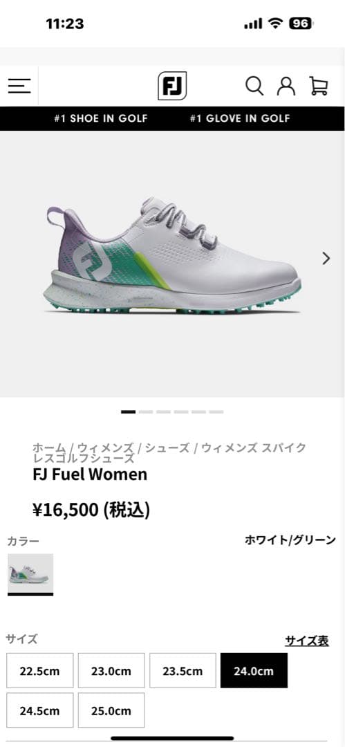 FJ Fuel Women ゴルフシューズ 24.0cm ホワイト/グリーン