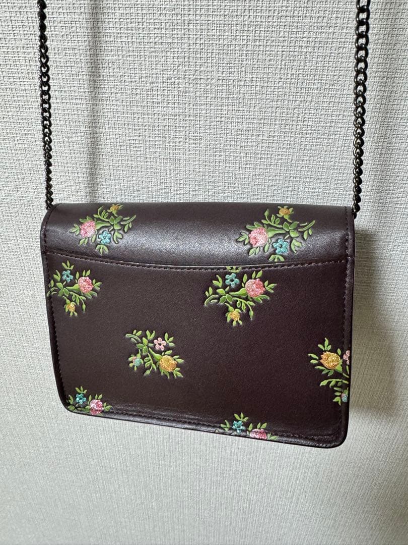 コーチ 2way花柄刺繍 ダークブラウン パーティーバッグ レディース