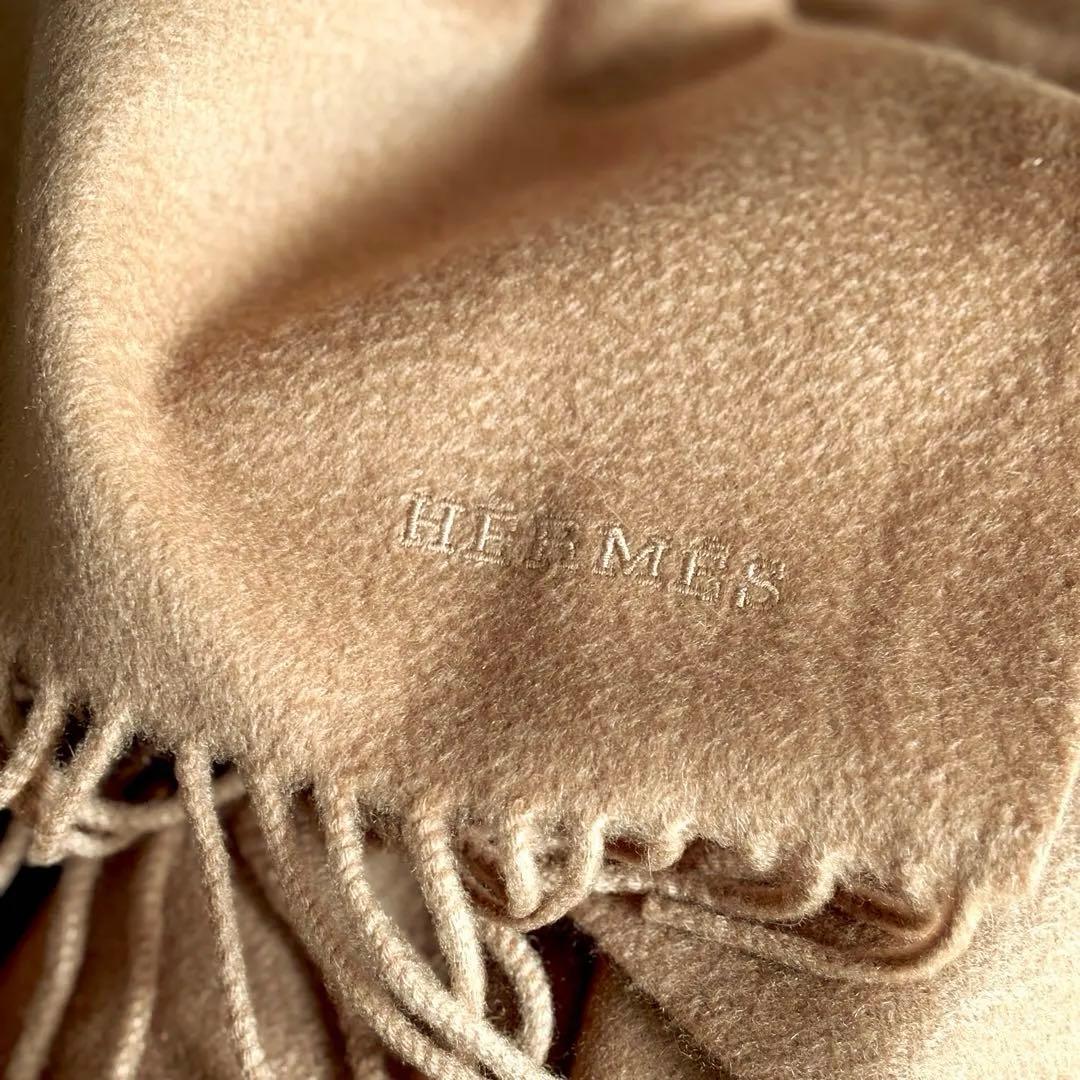 HERMES エルメスカシミヤ ストール キャメルフリンジ付き