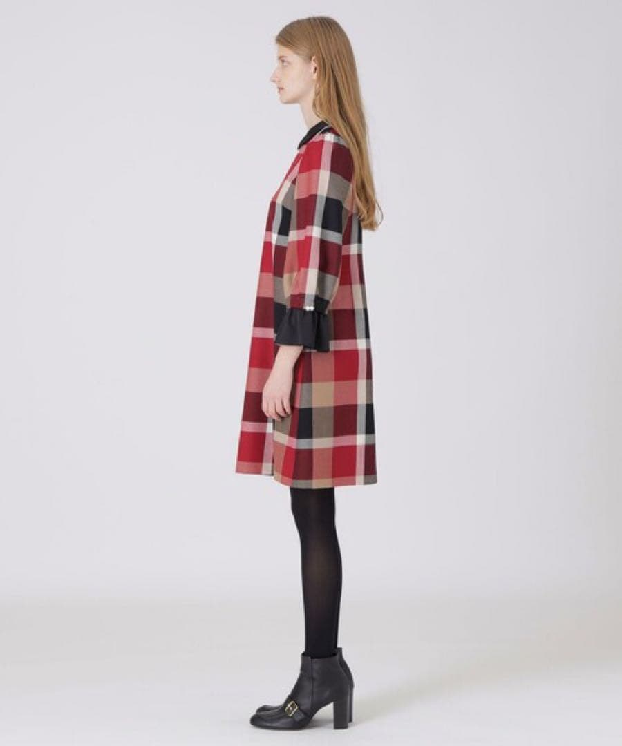 箱付き】チェック柄 ワンピース 赤×黒 襟付き ウール100% パールボタン