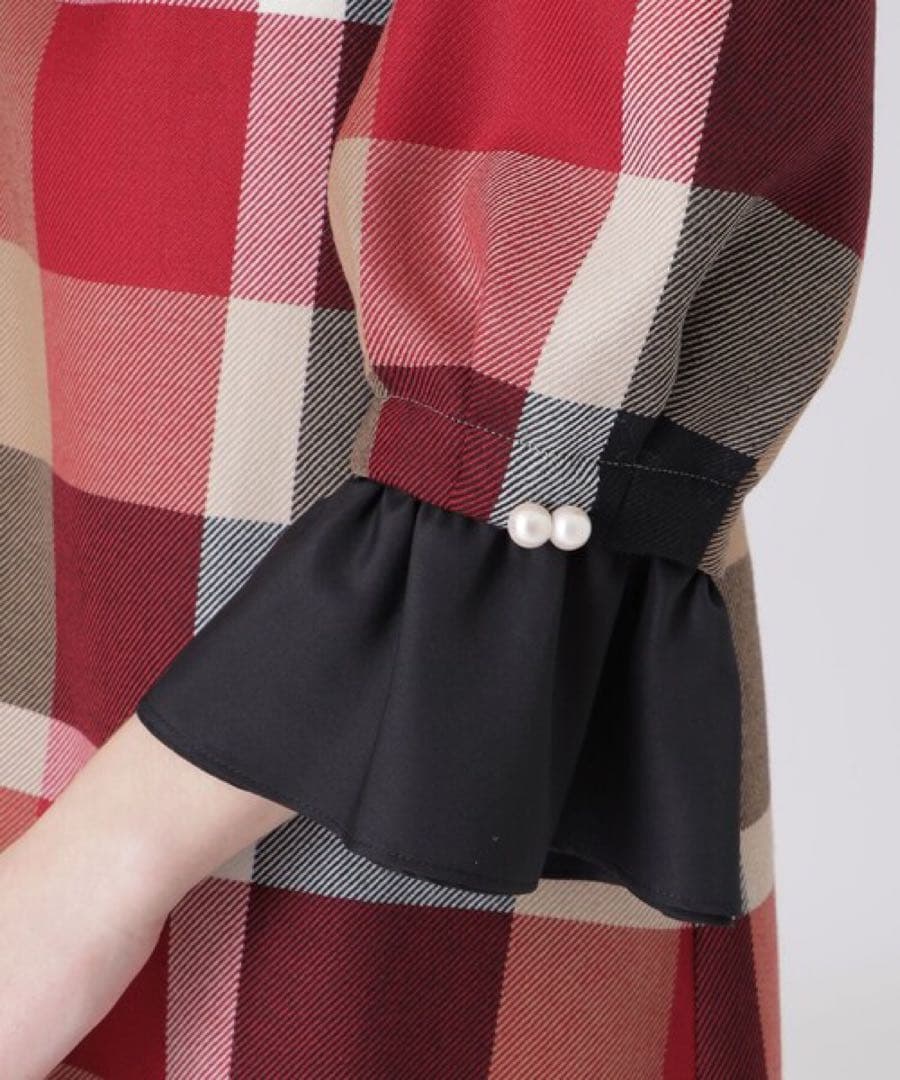 箱付き】チェック柄 ワンピース 赤×黒 襟付き ウール100% パールボタン