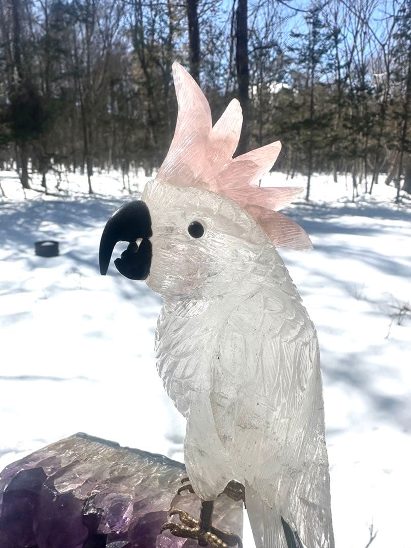 美品✨天然クリスタルとローズクオーツの鳥のオブジェ（アメジスト台座）