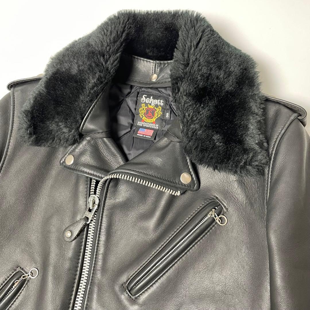 米国製】Schott レザー ライダースジャケット 黒 36 襟ボア付 本革