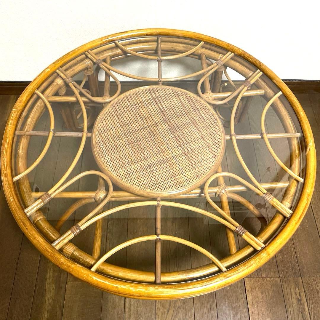 天然籐家具 ナチュラルラタン製ガラステーブル 丸テーブル 円形大判レトロモダン