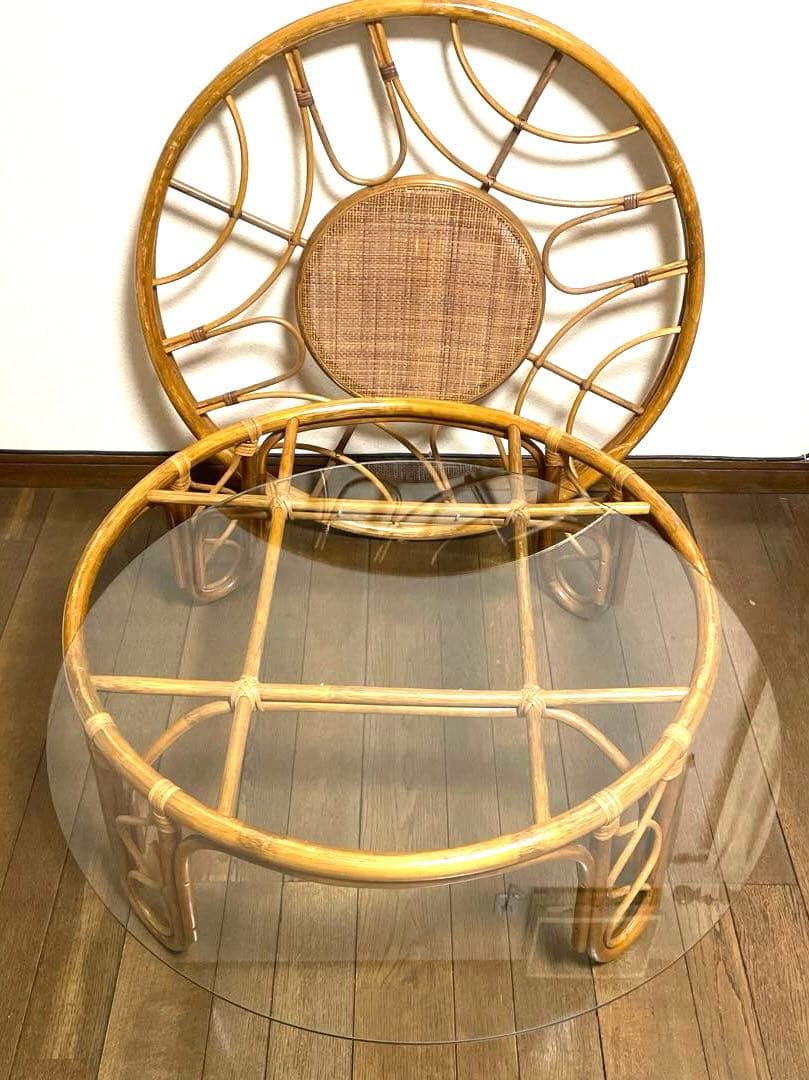 天然籐家具 ナチュラルラタン製ガラステーブル 丸テーブル 円形大判レトロモダン