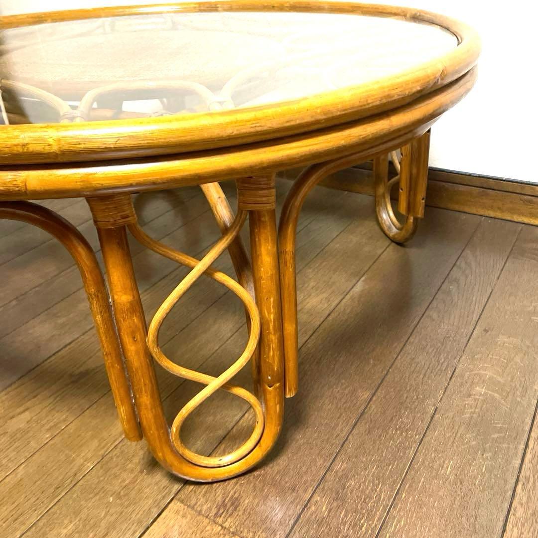 天然籐家具 ナチュラルラタン製ガラステーブル 丸テーブル 円形大判レトロモダン