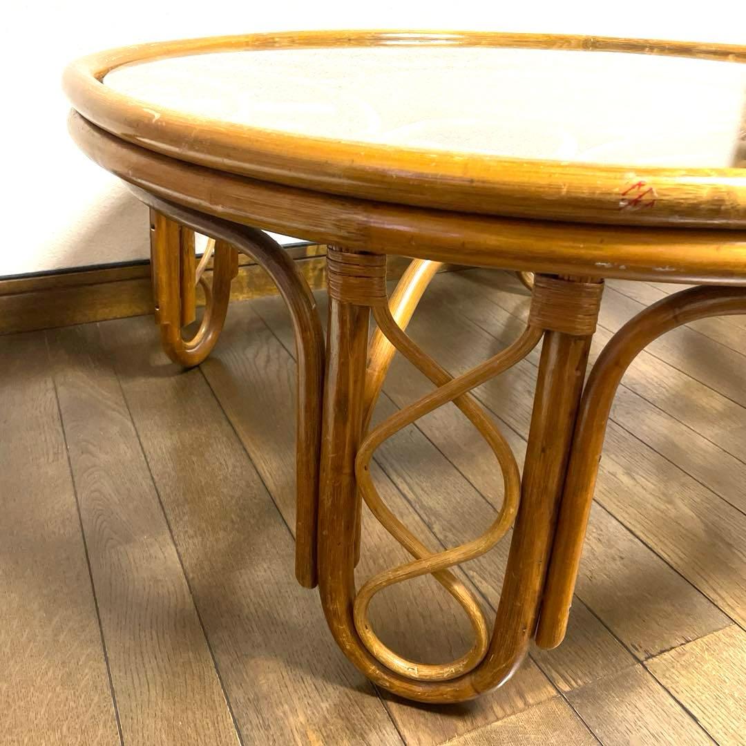 天然籐家具 ナチュラルラタン製ガラステーブル 丸テーブル 円形大判レトロモダン