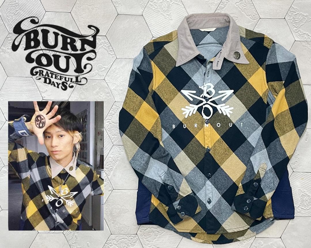 TAKUYA∞ 着 バーンアウトBURNOUT クロスドアローチェックシャツM黄