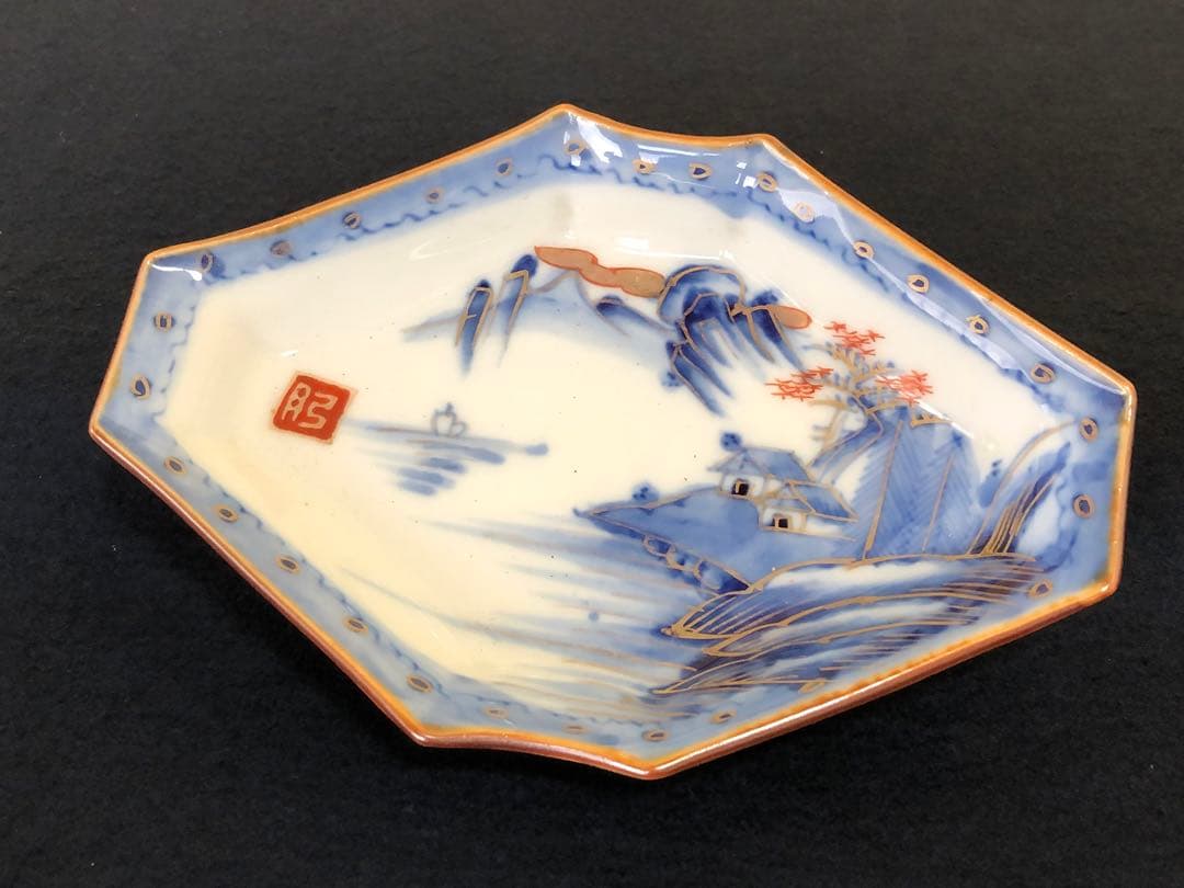 《R》伊万里 染付金彩 山水図 菱形皿9客 変形皿250714E2