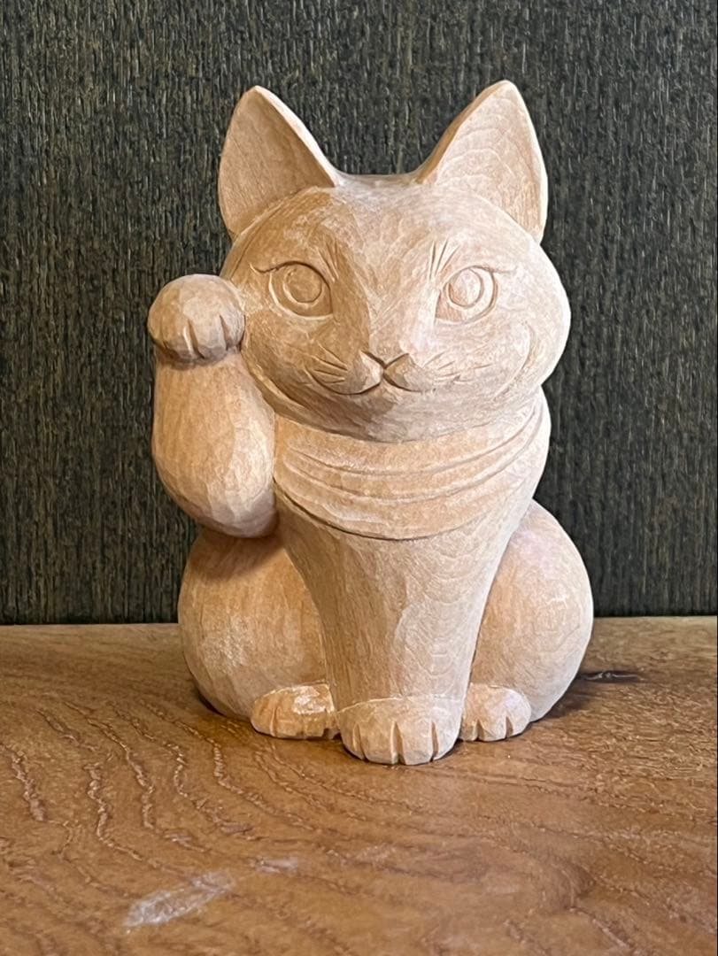 ひびきょう【井波彫刻】野中願児作 招き猫 桂材