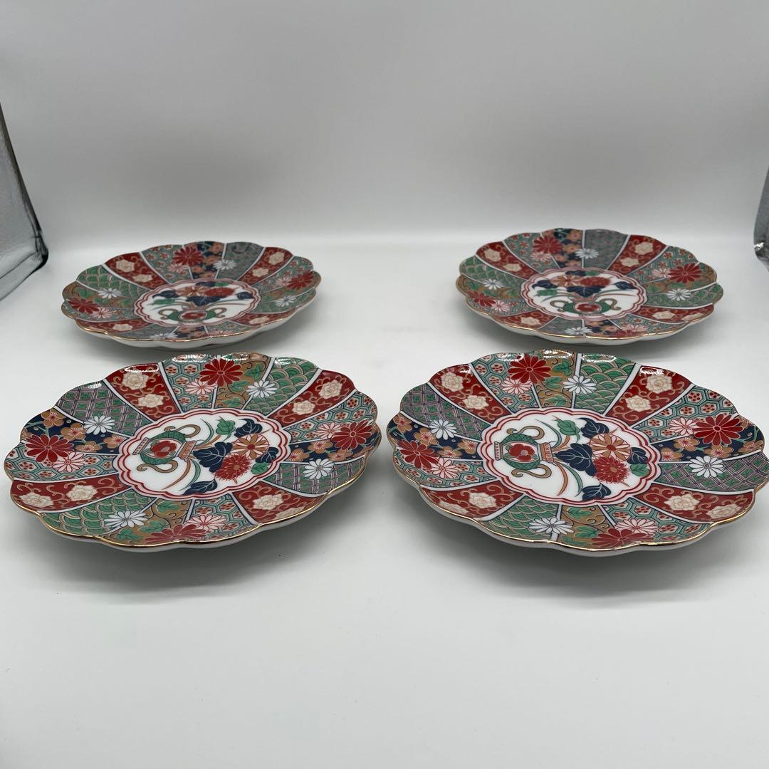 未使用 有田焼 陶扇菊割皿5枚セット 陶扇 田扇 菊割皿 錦絵 金彩 古伊万里