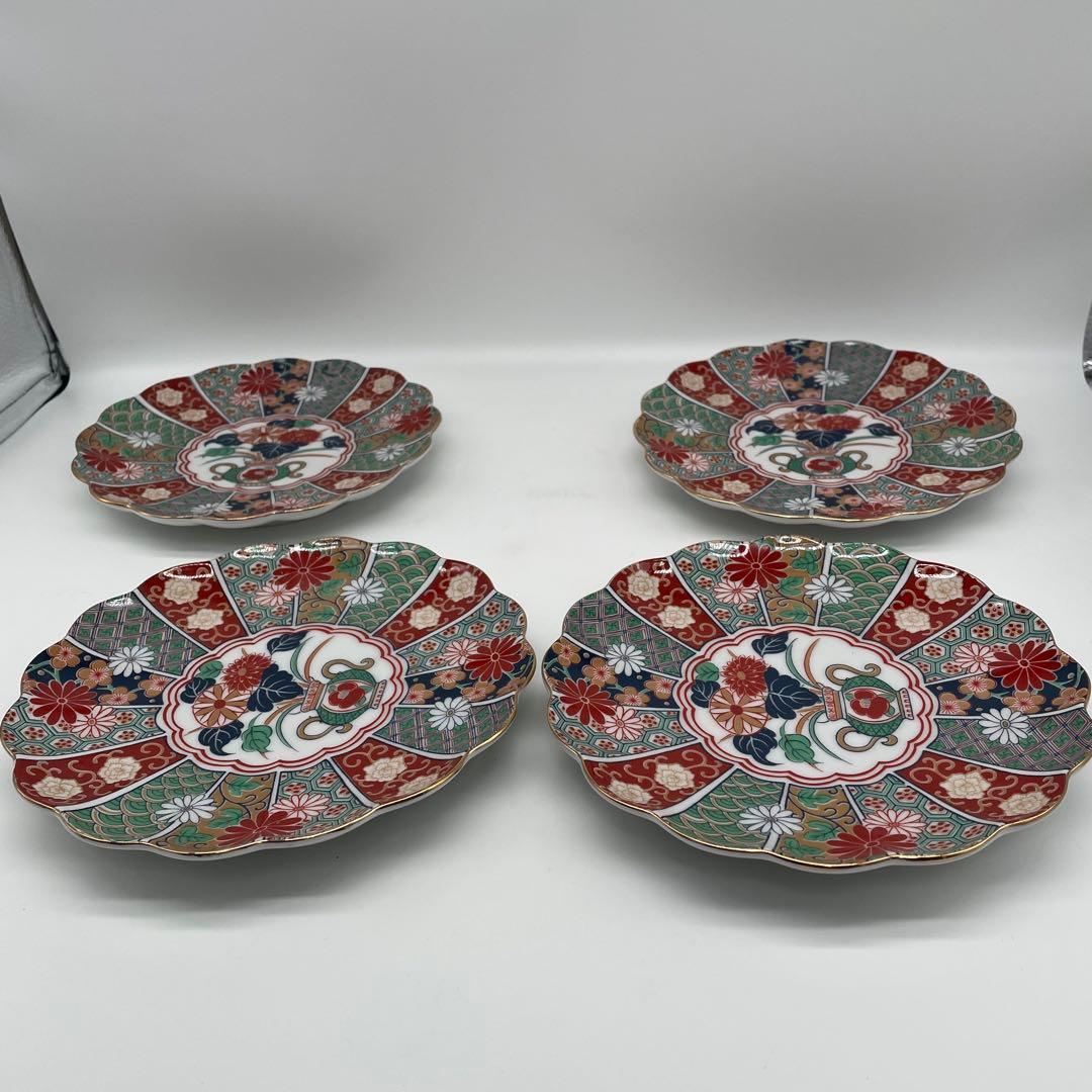 未使用 有田焼 陶扇菊割皿5枚セット 陶扇 田扇 菊割皿 錦絵 金彩 古伊万里