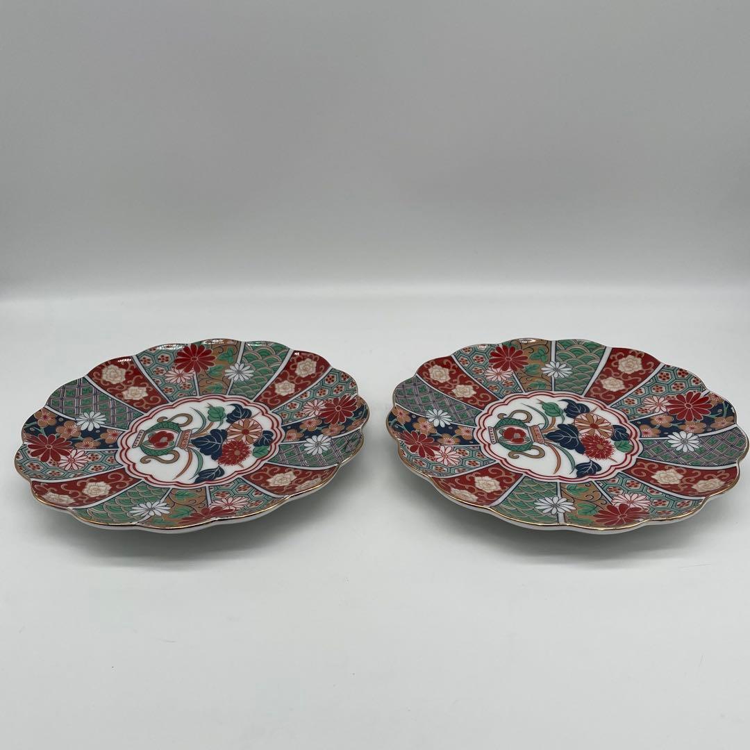 未使用 有田焼 陶扇菊割皿5枚セット 陶扇 田扇 菊割皿 錦絵 金彩 古伊万里