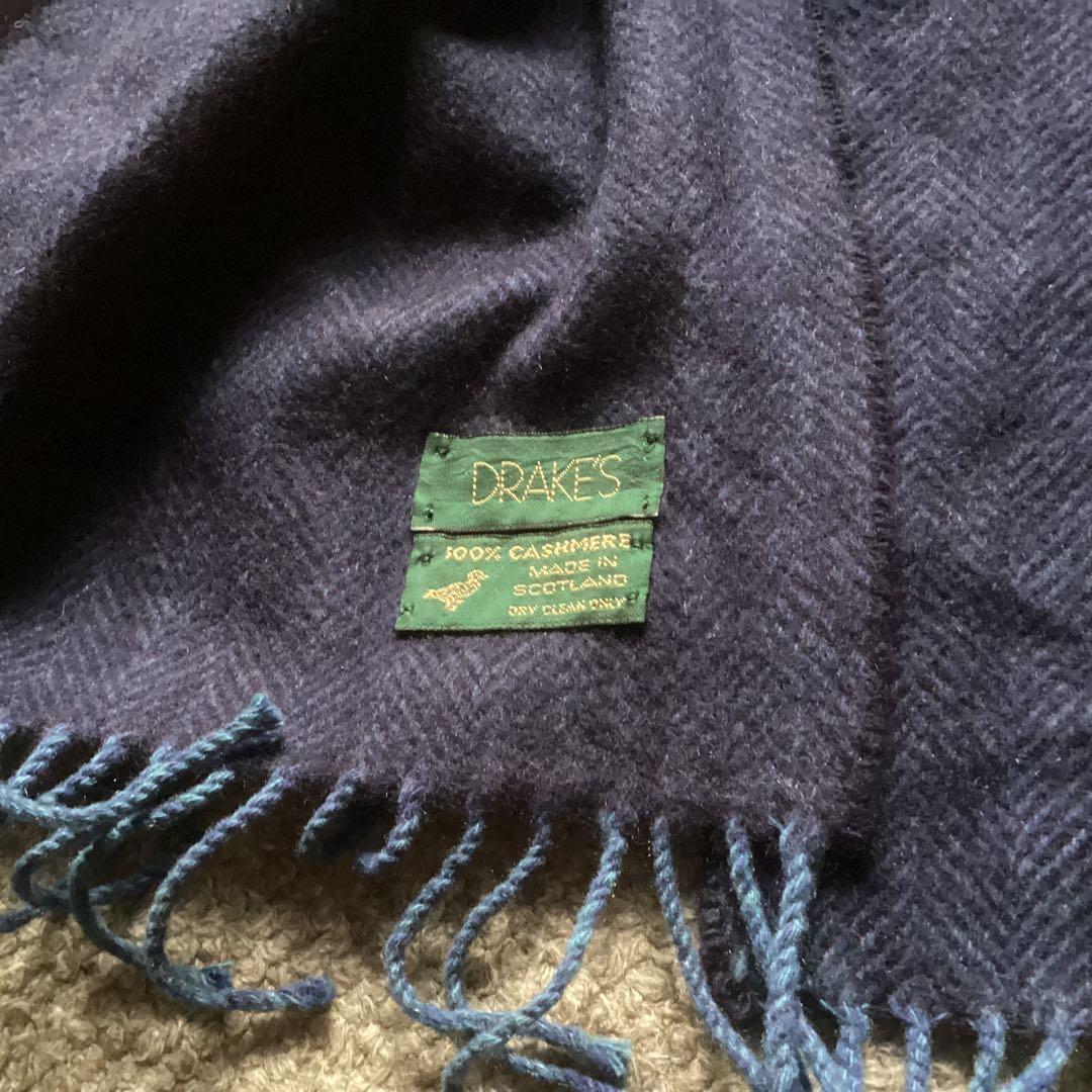 DRAKE'S カシミヤマフラー』 深みの有るブルー ヘリンボーン柄 美品
