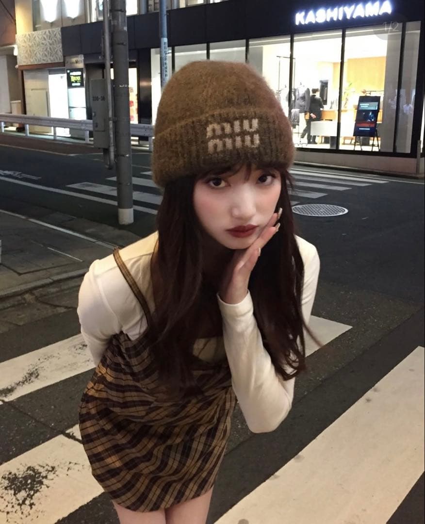 miumiu ミュウミュウ モヘア ビーニー ニット帽 ブラウン - メルカリ