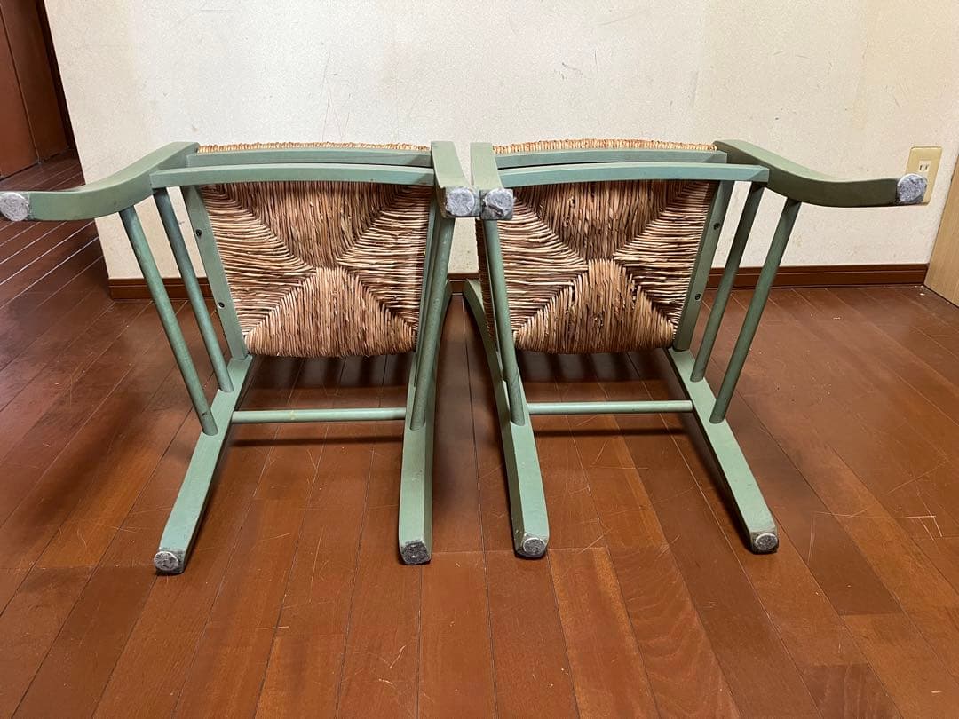 【ダイニングチェア】若草色(ライトオリーブグリーン)座面籐編み　2脚セット
