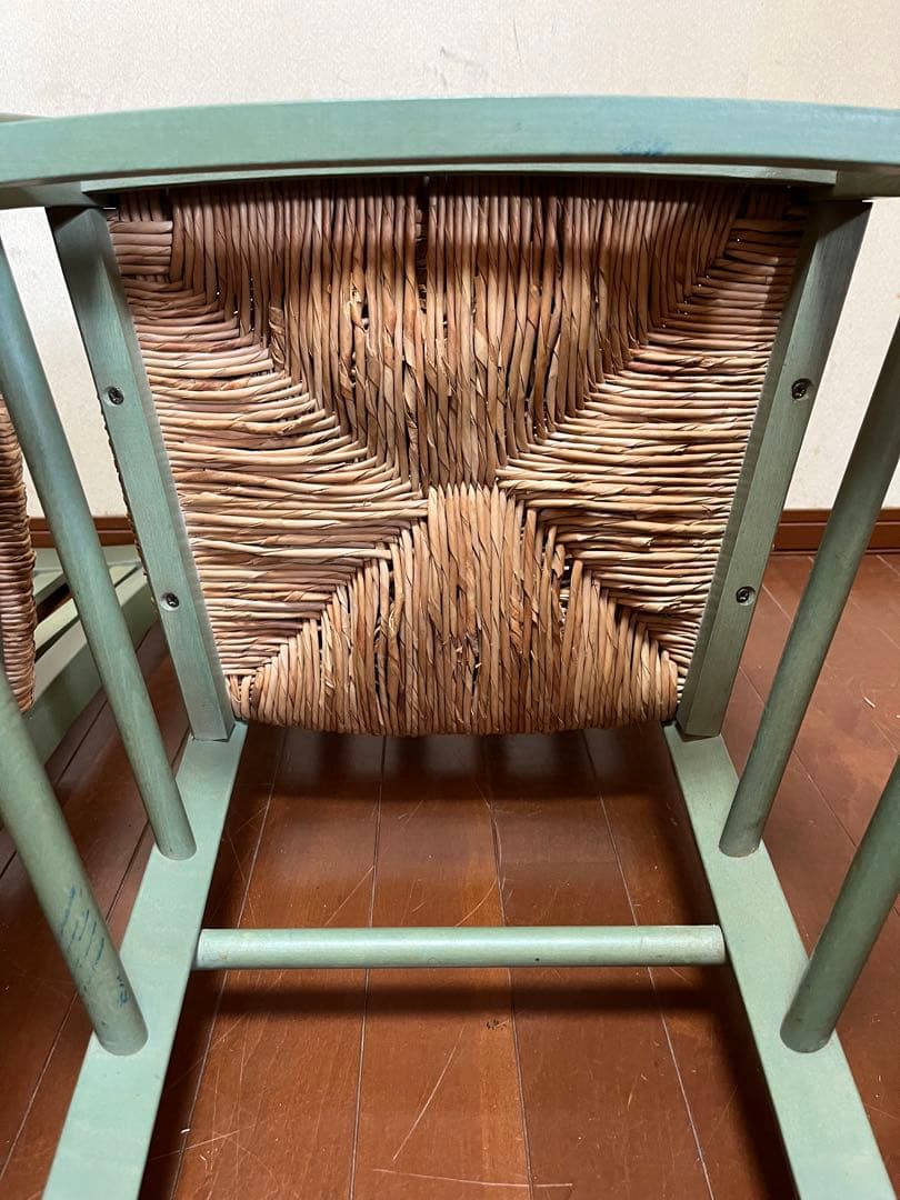 【ダイニングチェア】若草色(ライトオリーブグリーン)座面籐編み　2脚セット