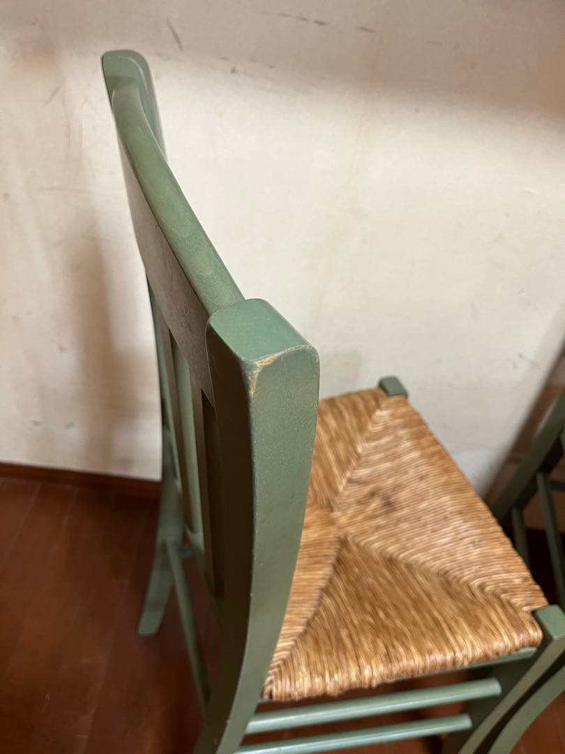 【ダイニングチェア】若草色(ライトオリーブグリーン)座面籐編み　2脚セット