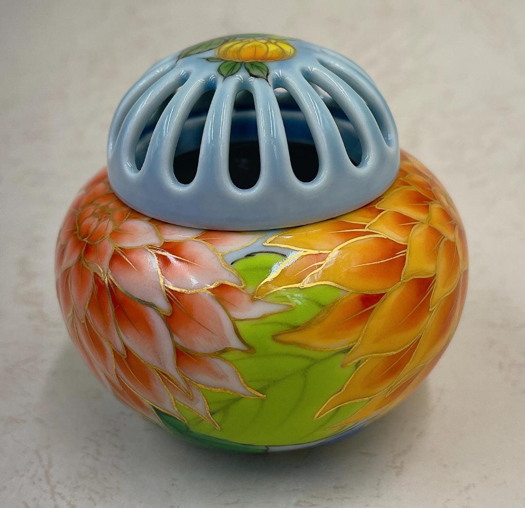絶品！清水焼香炉☆手描きオーダー発注品◇水色地×ダリア