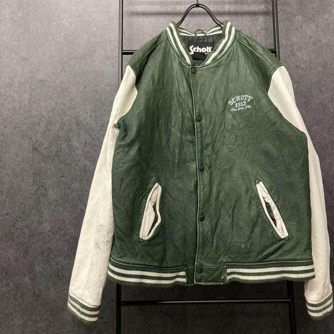 《US古着》ショット レザー スタジャン/レザージャケット 刺繍ロゴ メンズXL