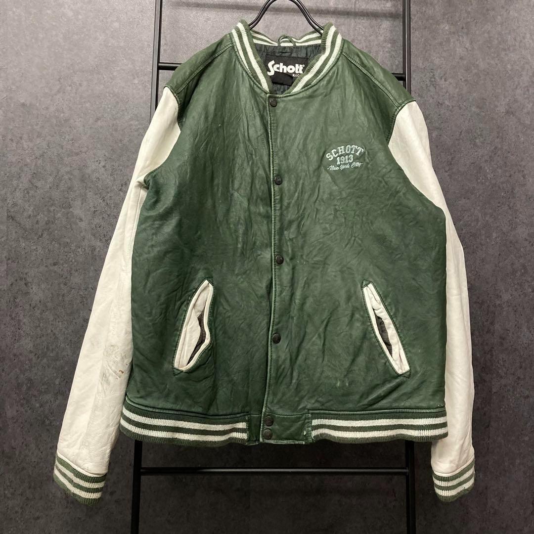 《US古着》ショット レザー スタジャン/レザージャケット 刺繍ロゴ メンズXL