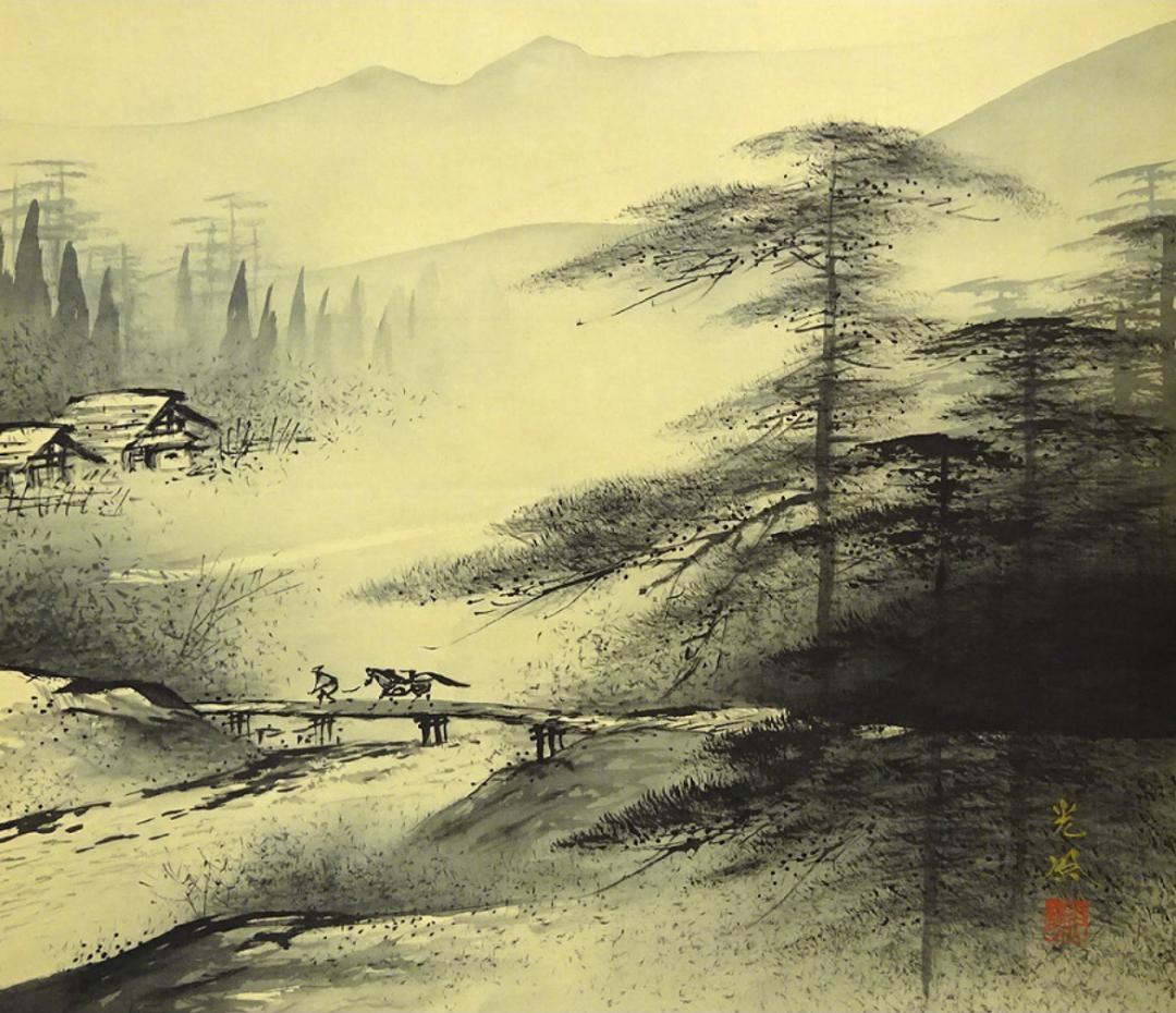 掛軸 水墨山水 共箱付き 稲川光風 狩野派直系 床掛け 絹本 風景画