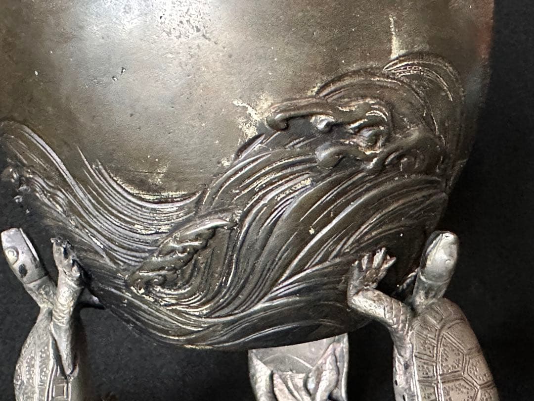 銅製 壽尾長亀三足花器 花入 高さ27cm 重さ2.5kg