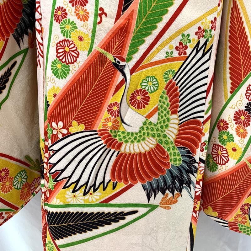 504ag87□七五三 セミアンティーク 七歳 女児 着物&袋帯 鶴□状態良好