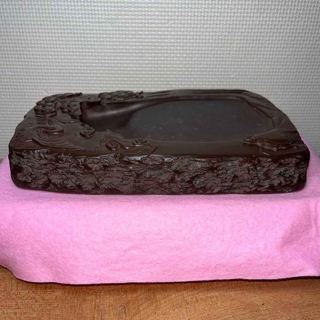 ⭕️赤間硯　曻進堂謹製　永久松鶴亀彫刻　美品　21cm超2kg超　大型　古硯