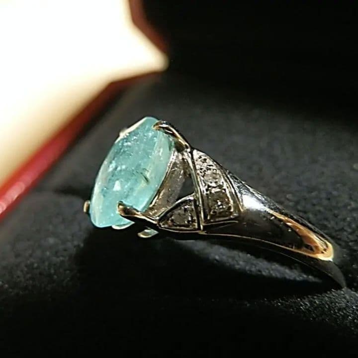 K14 パライバトルマリン 2.04ct ダイヤ付きリング 13号程　刻印有