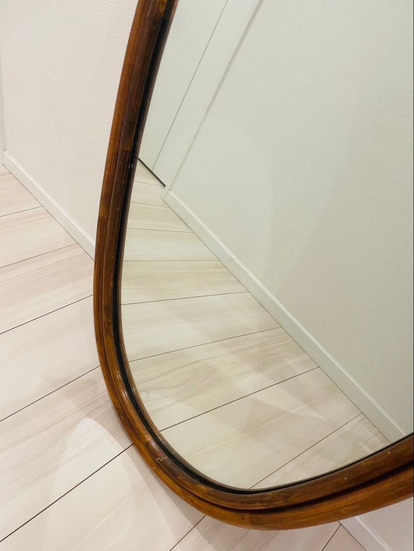 アンティーク ラタン 天然木 壁掛け鏡 ウォールミラー