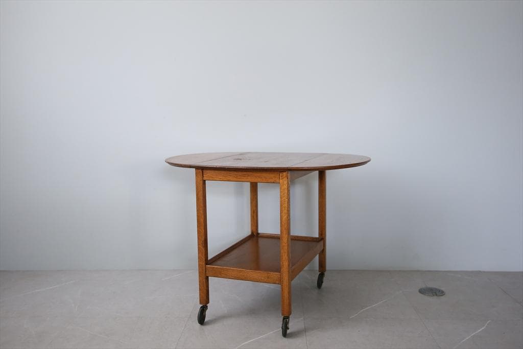 英国アンティーク木製ドロップリーフトロリーテーブル/収納式机ワゴン