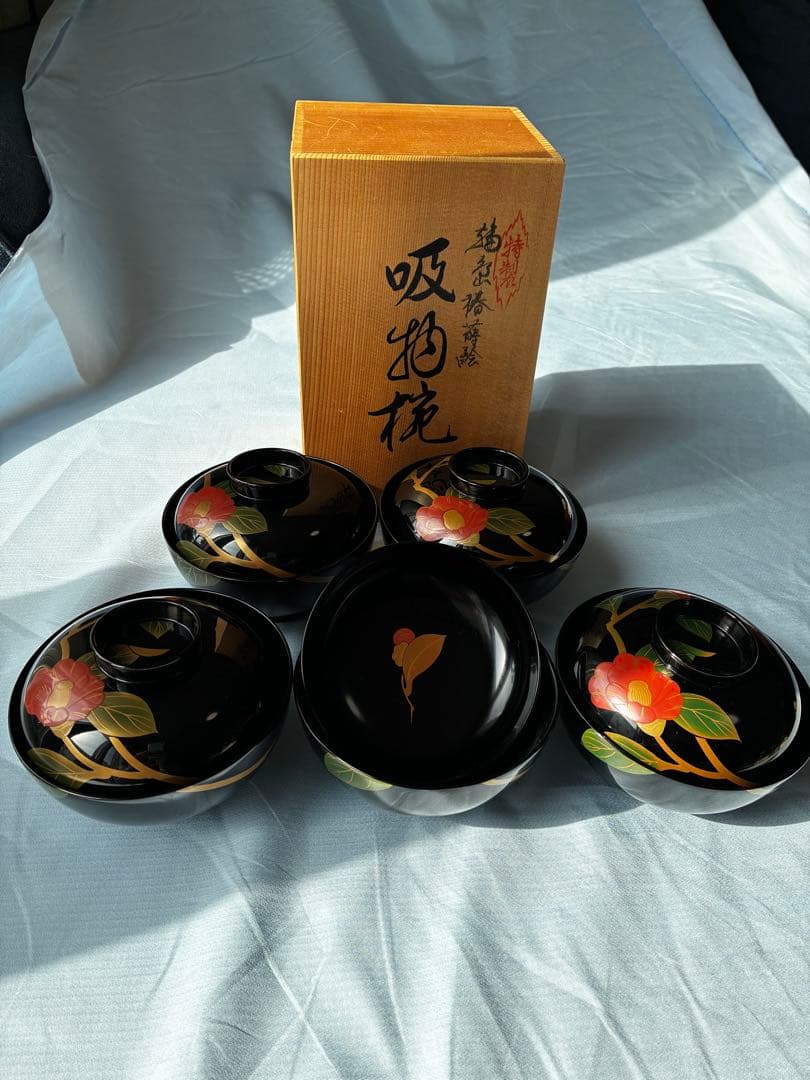 輪島塗 角知作 吸物椀 5客セット 共箱入 椿蒔絵 漆器 天然木 伝統工芸