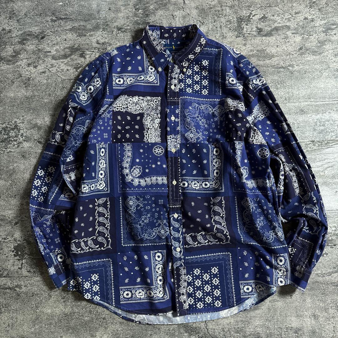 s*s様 ラルフローレン ペイズリー柄 長袖シャツ XL 青い ブルー ゆる