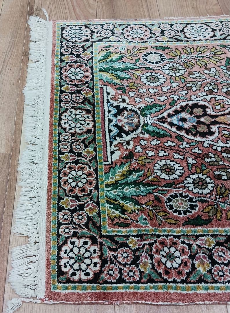 Y2728 インド絨毯 シルク100% 手織り 94×63㎝