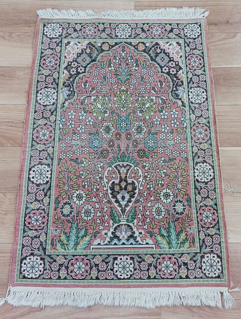 Y2728 インド絨毯 シルク100% 手織り 94×63㎝