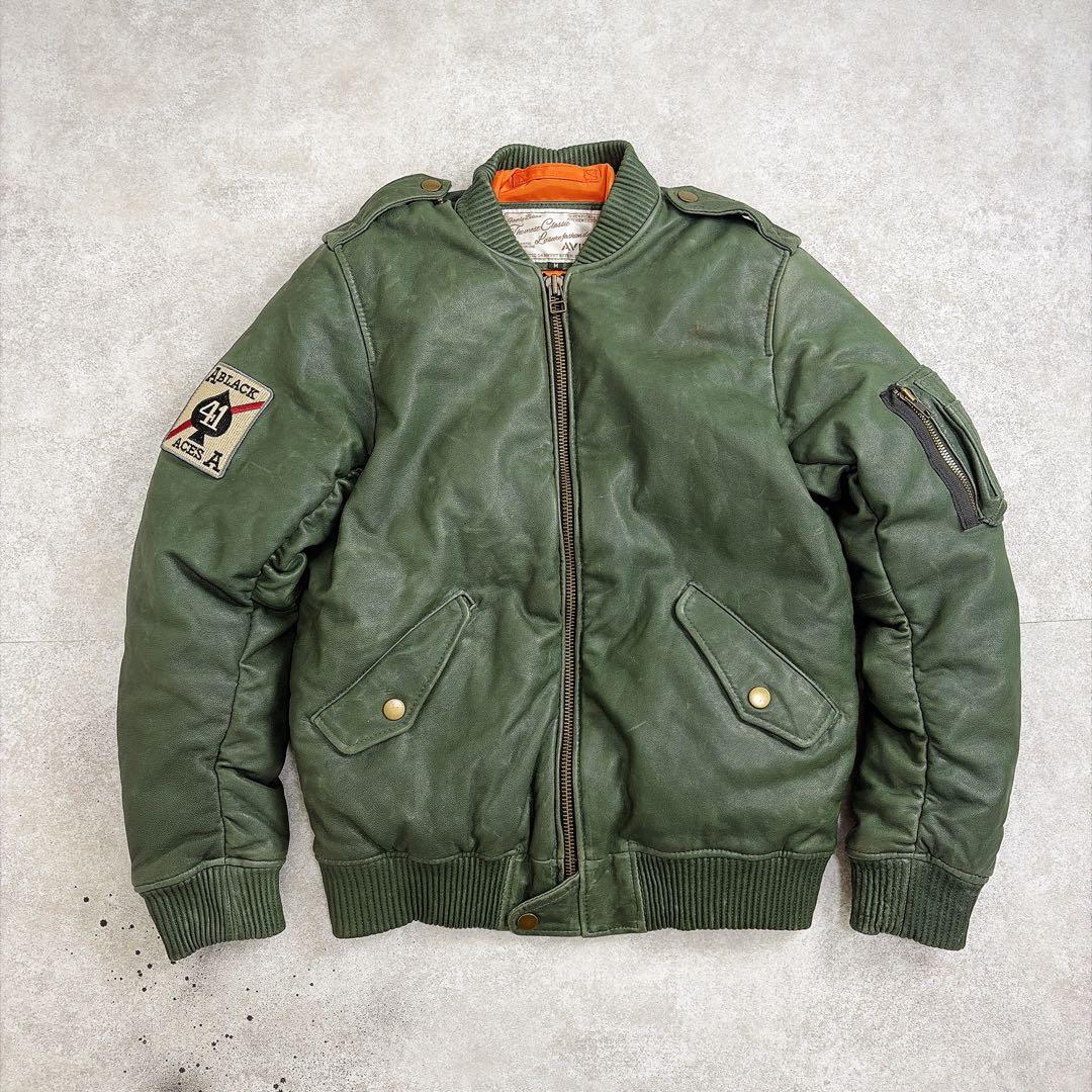 AVFLY ラムレザー レザージャケットMA-1 Mサイズ　刺繍　短丈