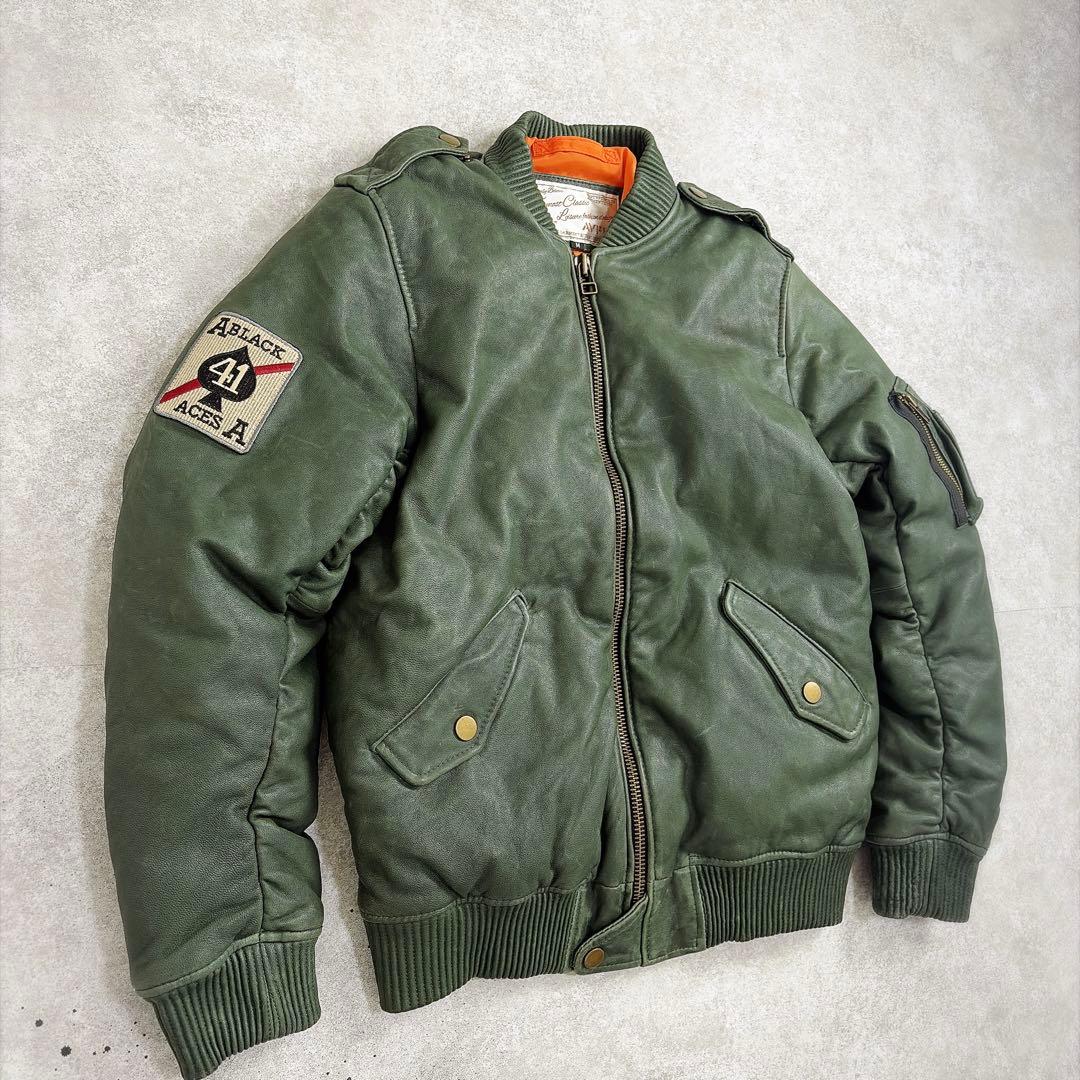 AVFLY ラムレザー レザージャケットMA-1 Mサイズ　刺繍　短丈