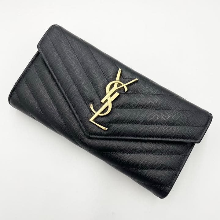 サンローラン 長財布 フラップ カサンドラ YSL Vステッチ レザー 黒