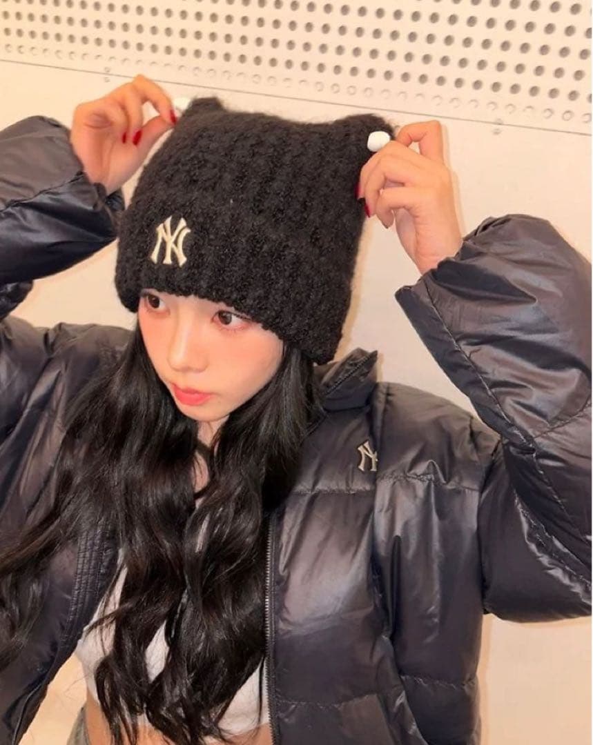 新品未開封 MLB Korea 猫耳ニット帽 黒 カリナ着用モデル 韓国限定 ③