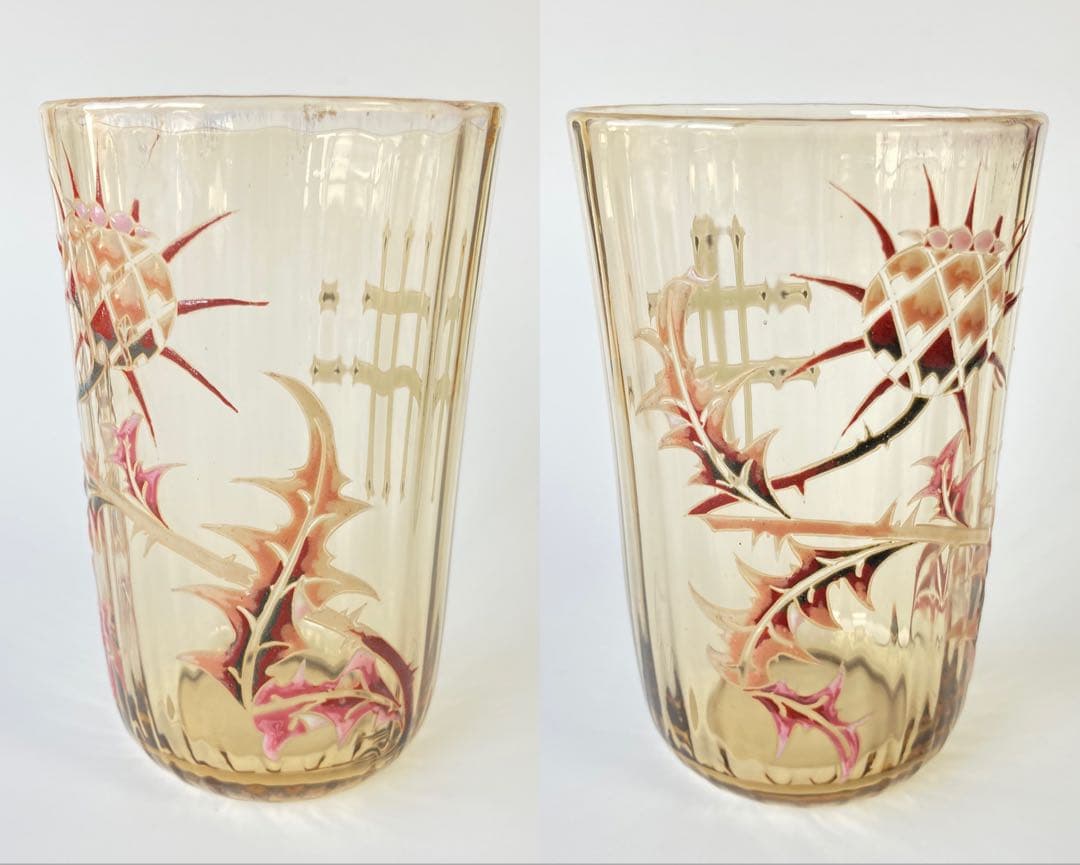 エミール・ガレ　初期　薊とロレーヌ十字文グラス　タンブラー　エナメル彩　アザミ