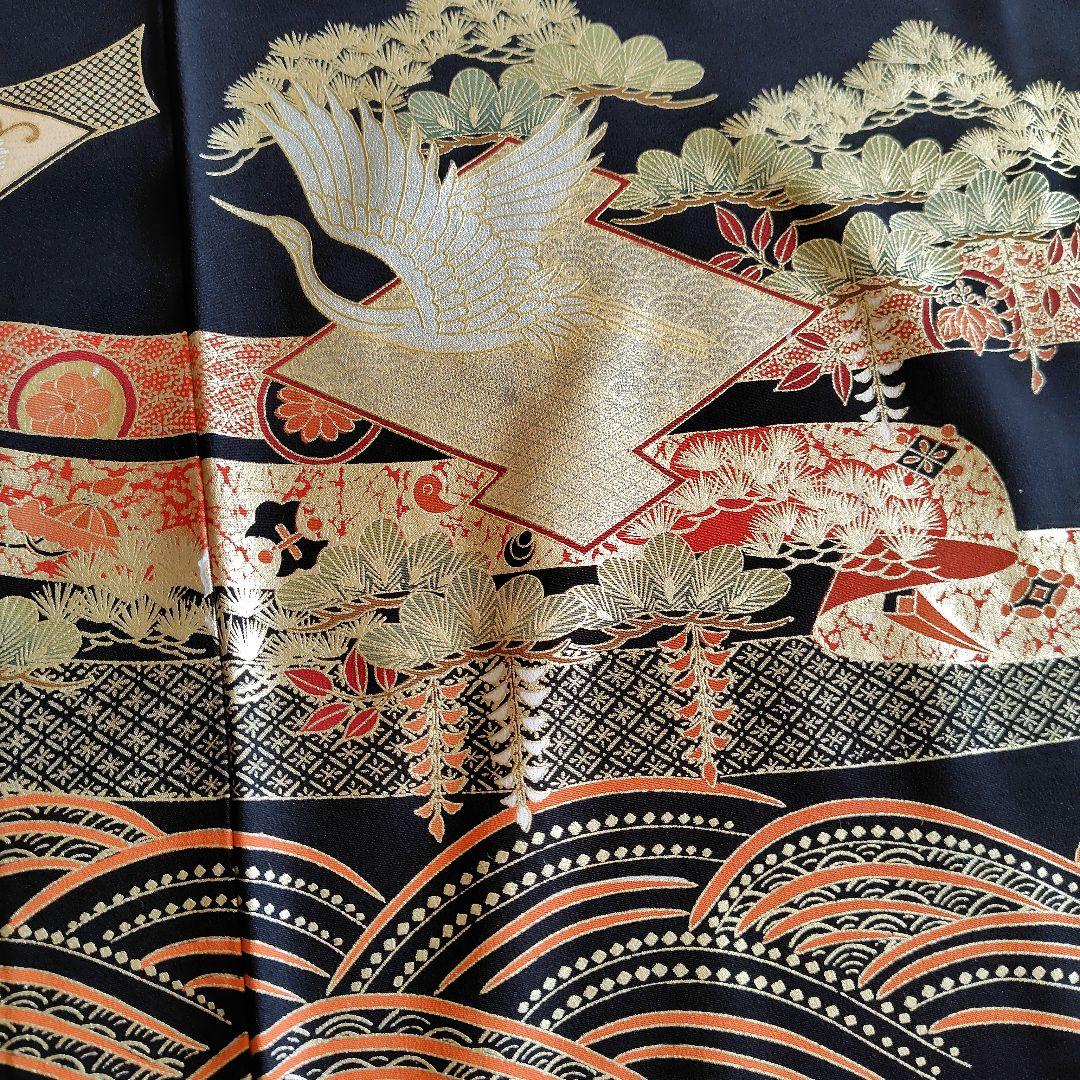 着物リメイク ケープポンチョ 黒留袖 鶴植物柄 オープンファスナー