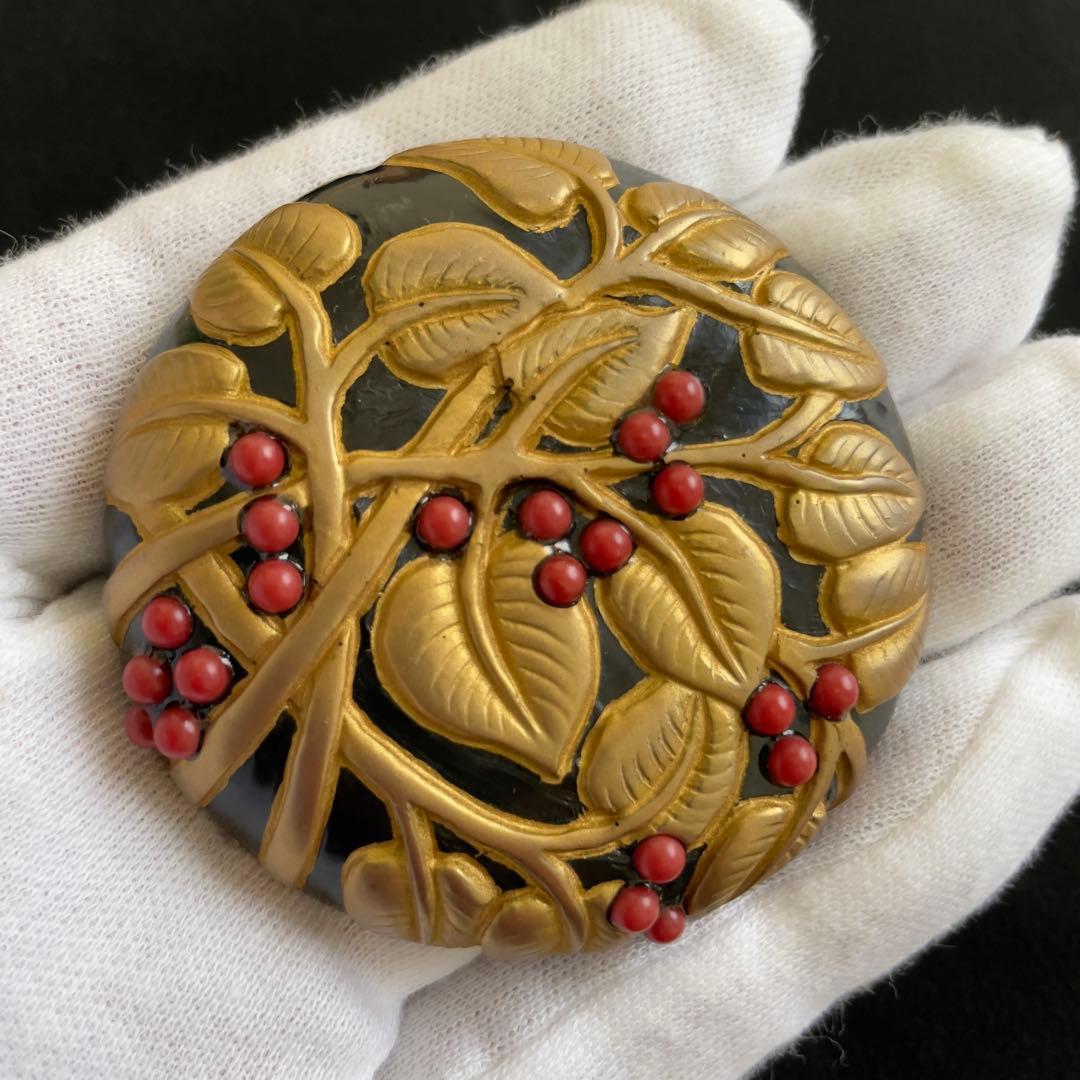 18】AKIO MORI 珊瑚と金彩のブローチ ヴィンテージ レア