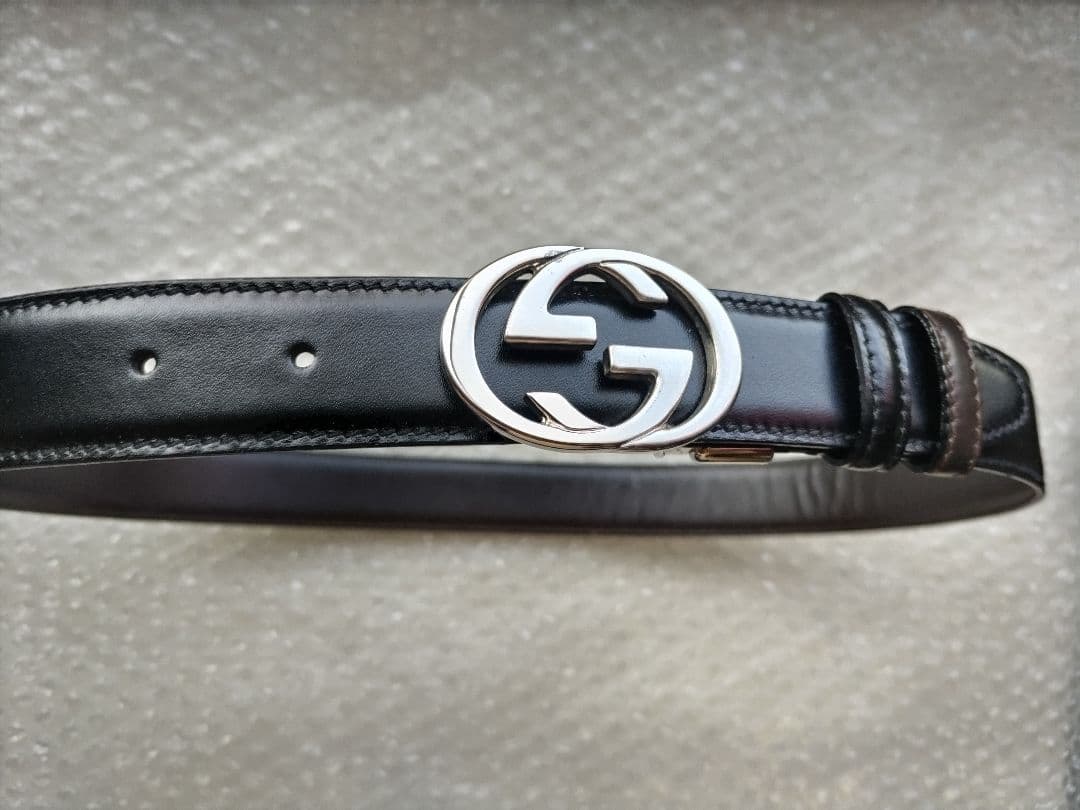 訳あり GUCCI グッチ Ladys ブラックレザー ベルト ダブルGロゴ