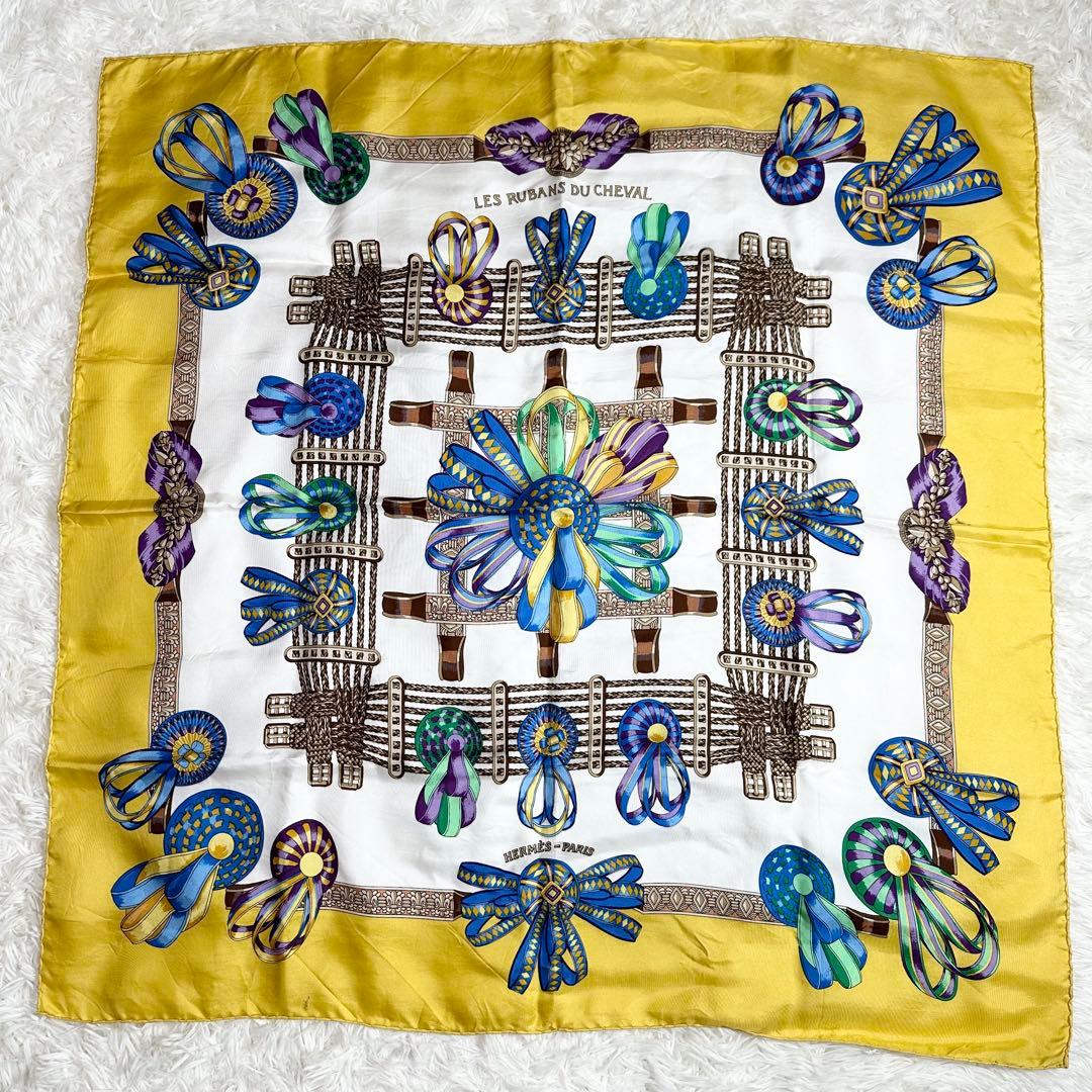 HERMES エルメス スカーフ シルク カレ90 大判 馬のリボン飾り マルチ